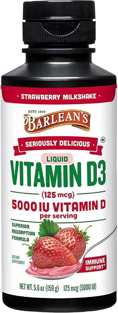 Barlean 's Liquid Vitamin D, 5000 IE D3, Strawberry Milkshake Flavored for børn og voksne, Maksimal Absorption, Non- GMO, Gluten- Free - 5,6 oz