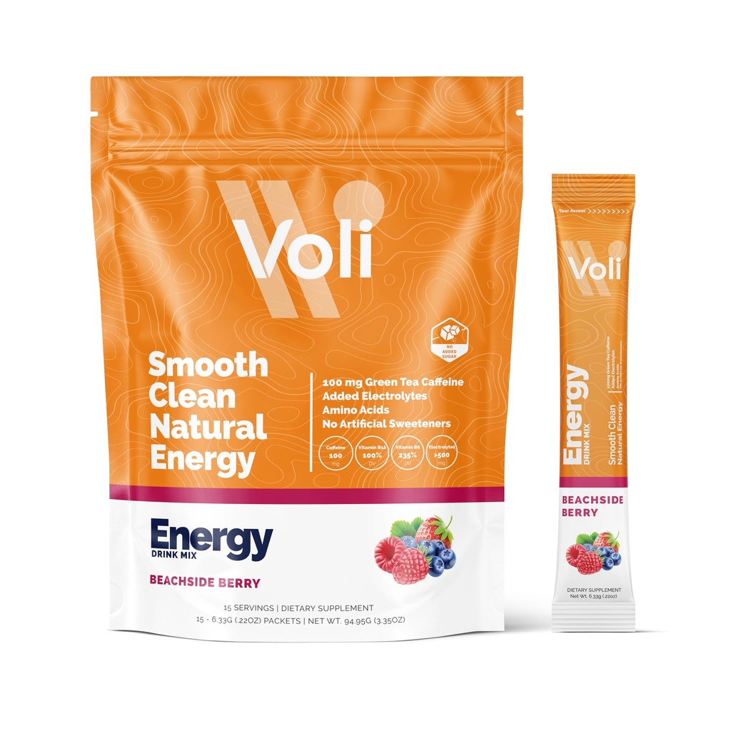Voli Energy Drink Mix Pakninger af 124; Natural Pre- Workout Pulver med grøn te Koffein & B Vitaminer, Aminosyrer & Elektrolyter for Vedvarende Fokus, Hydrering & Clean Energy