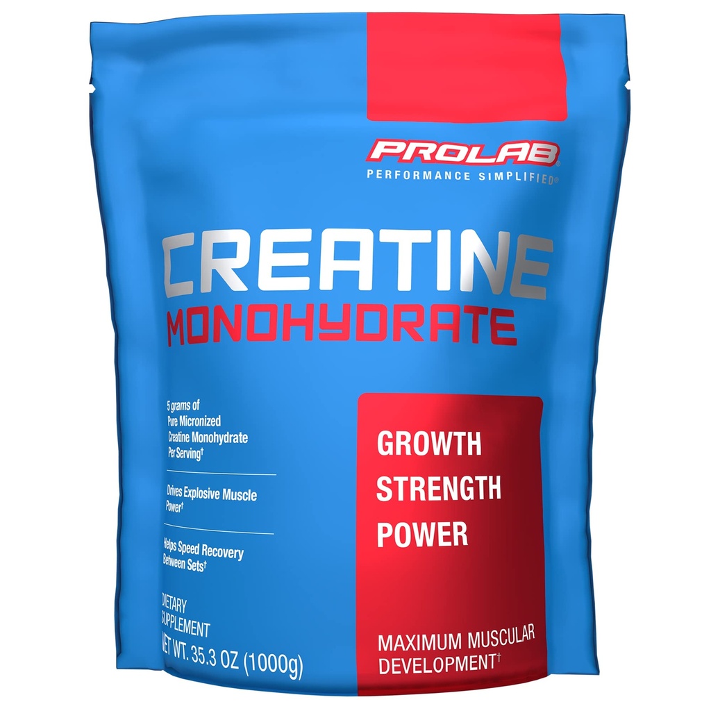 ProLab Nutrition Creatin monohydrat Mikroniseret pulver 1000G, Pure Creatin for Muscle Strength, Power & Endurance, Fast Absorbing, Unflavored, 5000mg Per Serv (5g) (200 Servere)