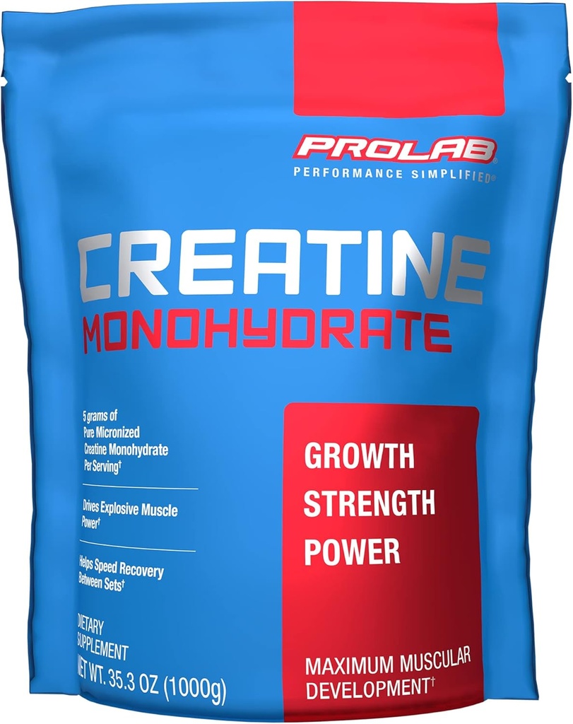 ProLab Nutrition Creatin monohydrat Mikroniseret pulver 1000G, Pure Creatin for Muscle Strength, Power & Endurance, Fast Absorbing, Unflavored, 5000mg Per Serv (5g) (200 Servere)