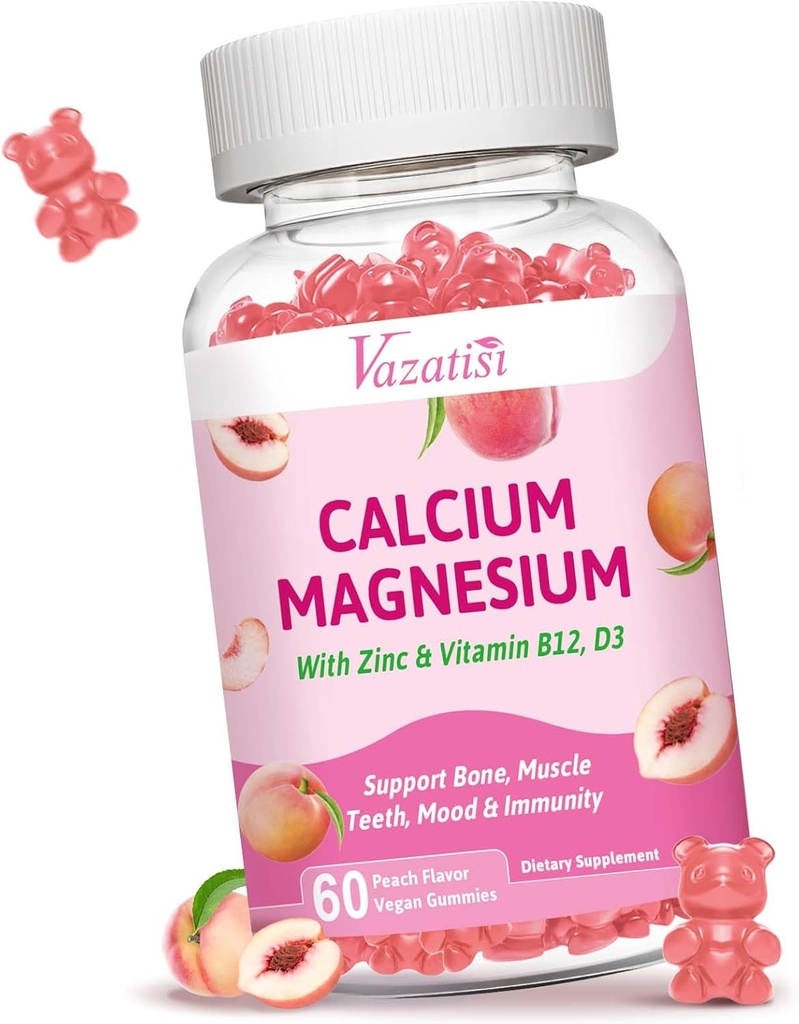 Calcium Magnesium Zinkgummier med vitamin D3 B12, Calciumtilskud til kvinder Mænd, Peach Flavor 60 Cts