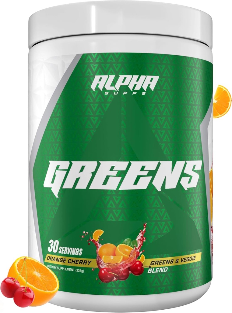 Alpha Supps - Alpha Greens Supplement | Fruit & Vegetable Superfood Powder | Over 40 Natural Plant Based Ingredients | Prebiotic & Probiotic Digestive Support Blend - 30 Servings (Orange Cherry)