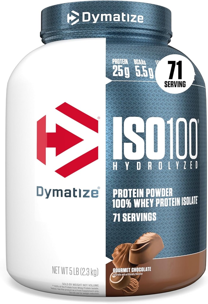 Dymatisere ISO100 Whey Protein Powder Isolate, Gourmet Chokolade, 25g protein, 5 Pund, 5,5g BCAA, mindre end 120 Cal., Gluten Free, 1g fedt, 1g sukker, 2g Carb (71 Servere)
