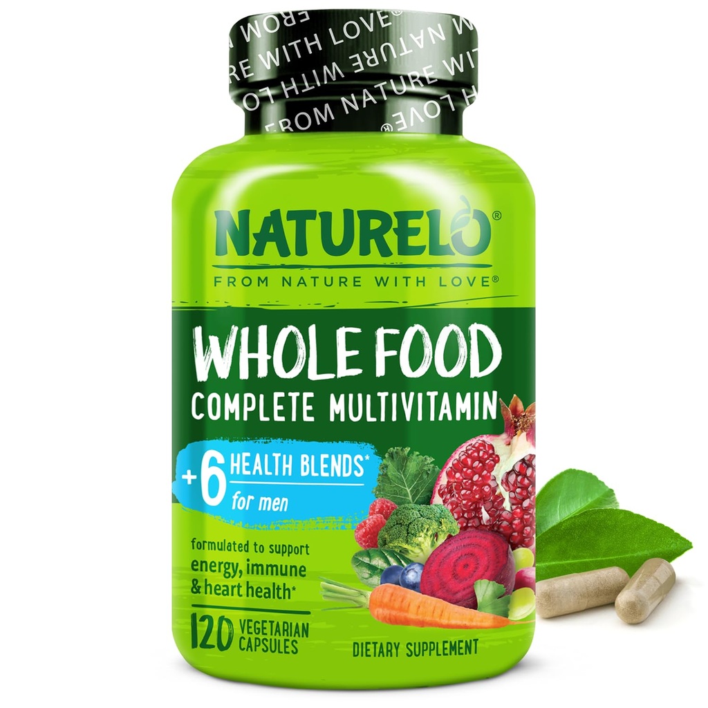 NATURELO Herre Multivitaminer - Hel mad Multivitamin til mænd med vitaminer, mineraler - 120 vegetariske kapsler for energi, hjerne, hjerte, øje sundhed *