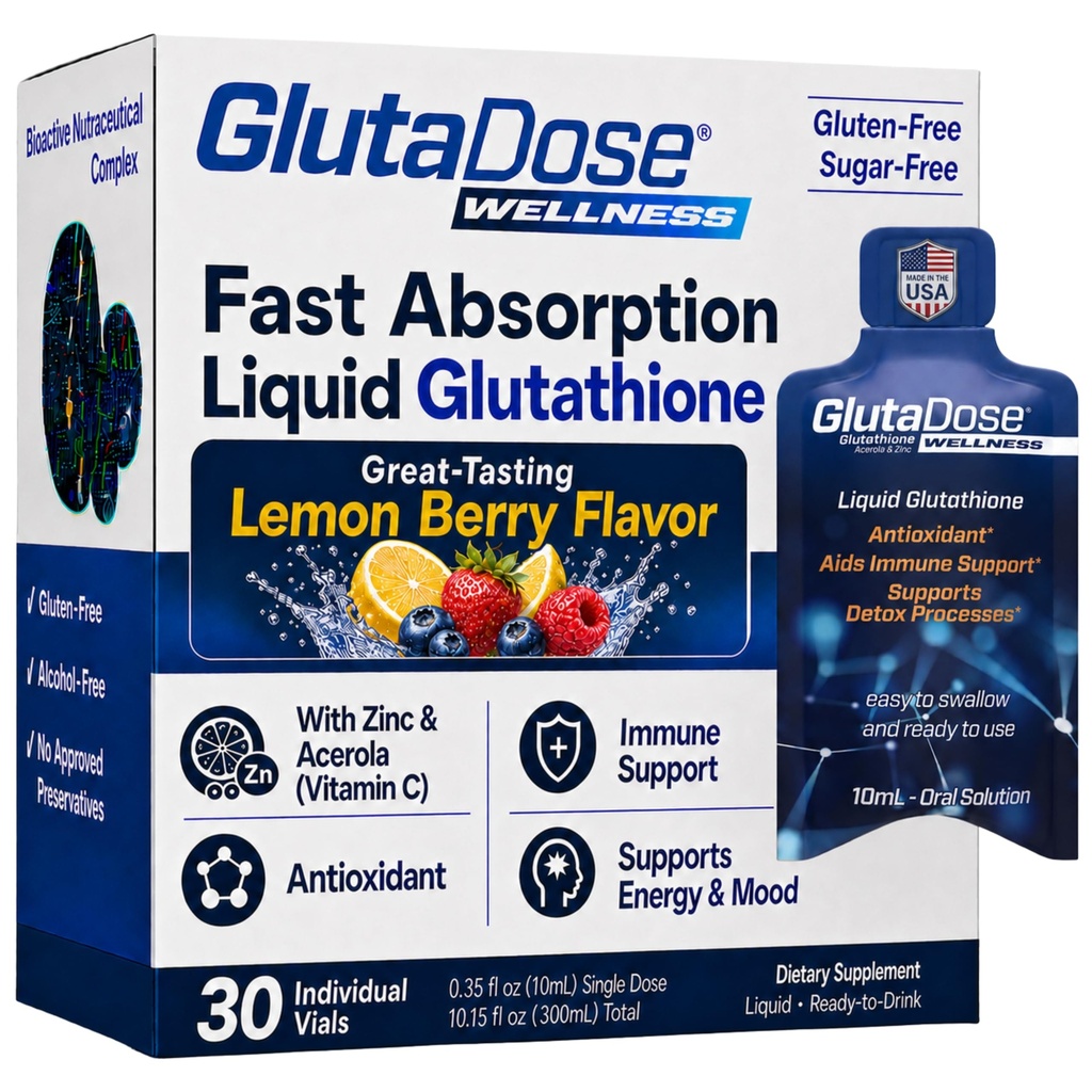 Flydende Glutathione supplement, Lemon Berry Flavored Acerola Energy Booster w / Zink, Daglige vitaminer og mineraler, Zero Sugar Formulering, Everyday Auto-immunforsvar for voksne, 0,34 fl oz, Pack af 30