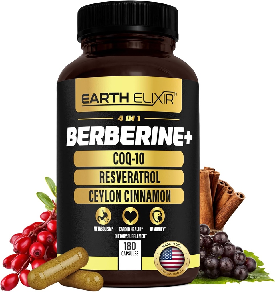 Earth Elixir 4- in-1 Berberine Supplement - Organic Berberine med Ceylon Cinnamon, CoQ10 Ubiquinol, og Resveratrol Powder - Metabolic & Cellular Energy Support, 180 Veganske kapsler