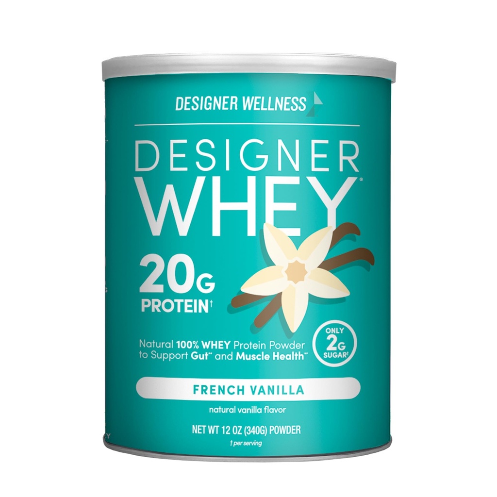 Designer Wellness Designer Whey Natural 100% Whey Protein Powder med Probiotika, Fiber, og Key B- Vitaminer til energi, Glutenfri, Non- GMO, Fransk Vanilla 12 oz