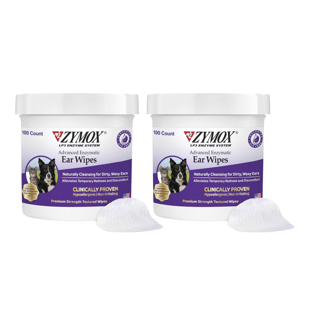 Zymox Advanced Enzymatiske Ear Wipes for Dogs and Cats - for Dirty, Waxy, Smelly Ears - Premium Strength Ear Cleaner Wipes - Ikke-Irriterende - Hypoallergen (100 Count- Pack af 2)