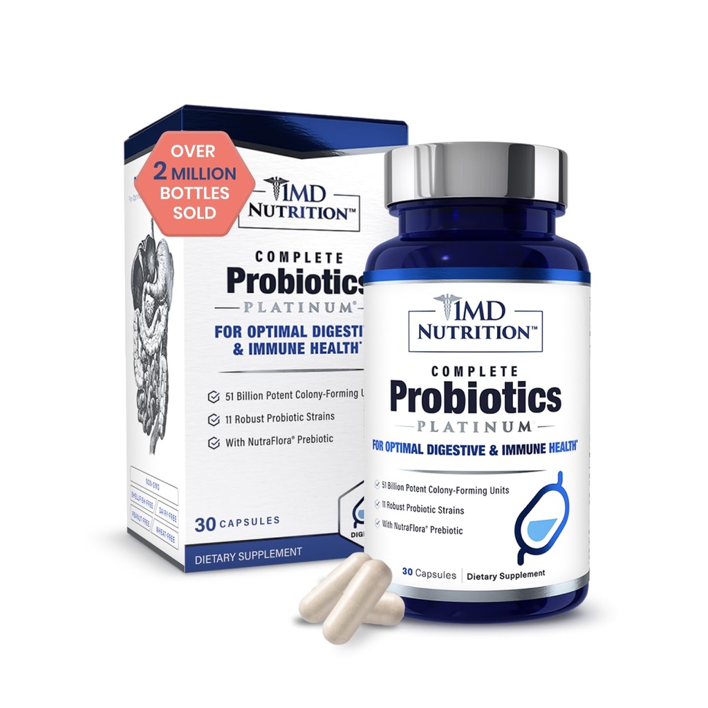 1MD Nutrition Complete Probiotika Platinum - w / Prebiotika og Probiotika til fordøjelsessygdomme - Probiotisk supplement til kvinder og mænd - mere end 50 Millioner levende CFU 11 Strops Dairy- Free - 30 Caps