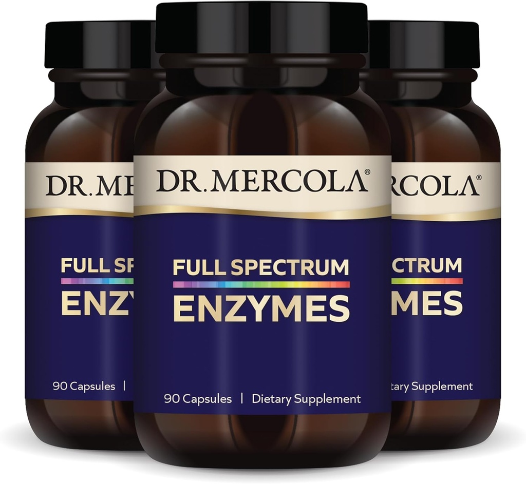 Dr. Mercola Full Spectrum Enzymes - 22 forskellige enzymer - Understøtter fordøjelse og immunforsvar - Hjælper med de største kulhydrater, Fedtstoffer og proteiner - Non- GMO, Gluten- Free & Soy- Free - 90 kapsler (3 Pack)
