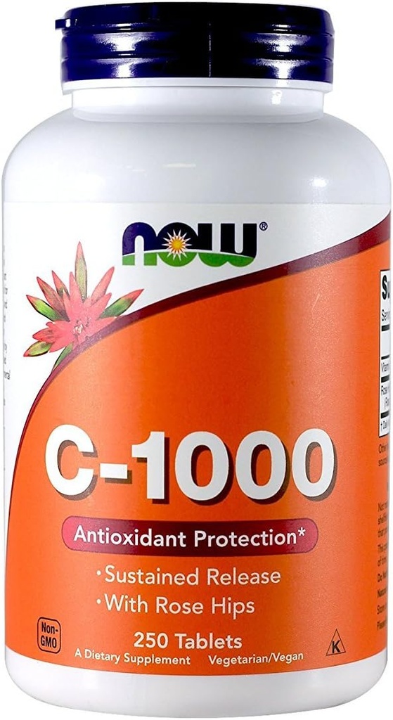 Nu fødevarer Vitamin C- 1000 Vedvarende udgivelse med Rose Hips 250 Tabs (500 (250 X 2))