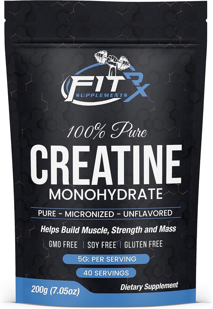 FITRxSupplements.com Pure Creatin Monohydrat Powder - Zero Added Ingredients - Ingen kalorier, 5g pr Servering, Unflavored 40 Servere, 200g, Quick Dissolse