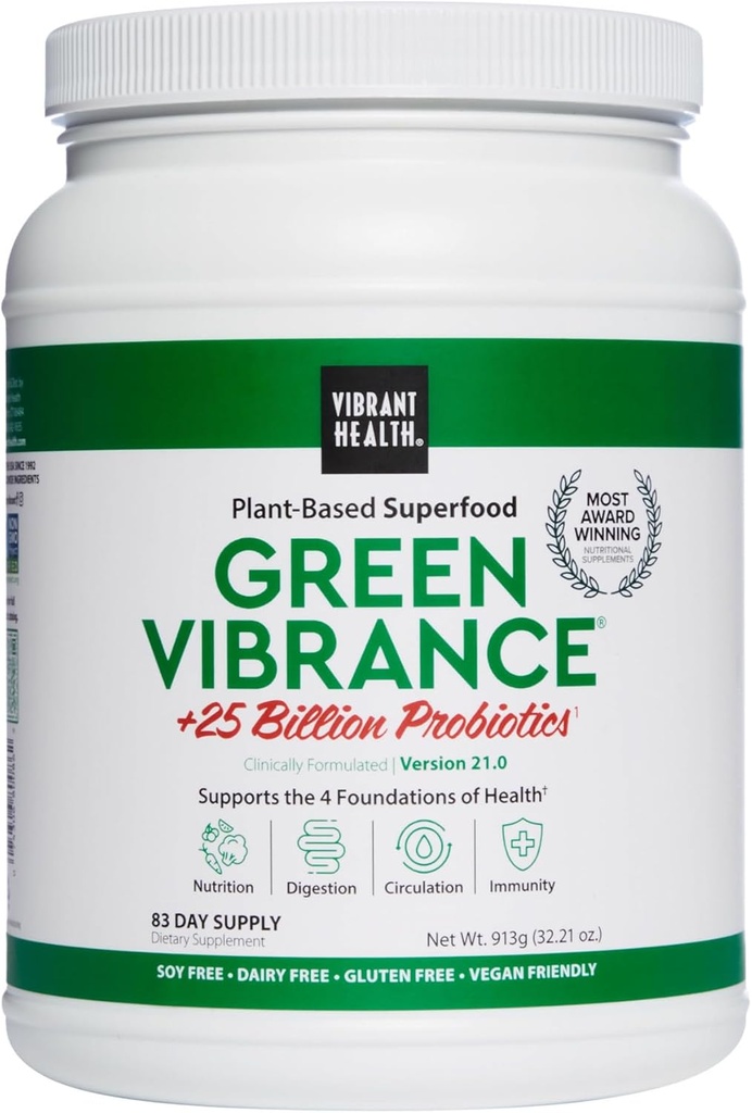 Vibrant Sundhed, Grøn Vibrance, Inkluderer 65 Plantbaserede Superfoods, 25 Millioner Probiotika, Fiber, Adaptogens & Enzymes, 83 Servere