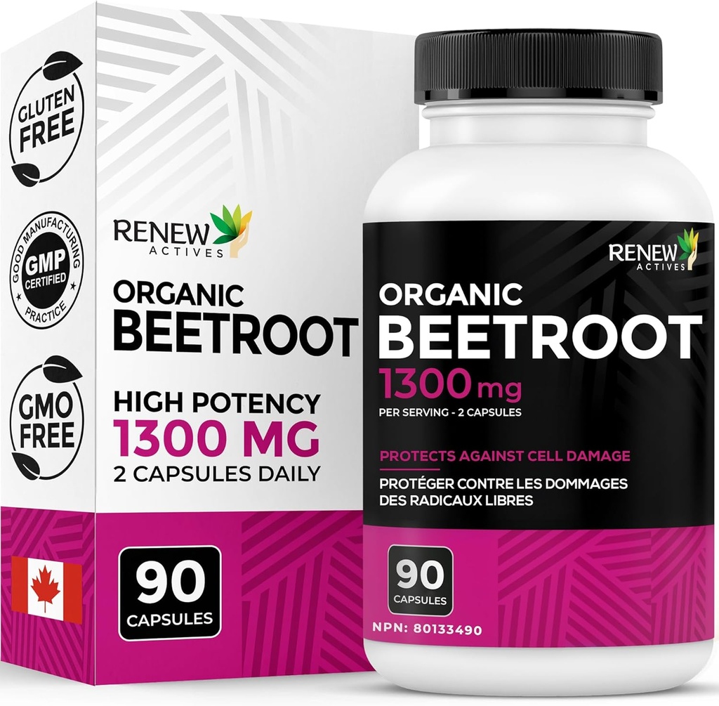 Renew Actives Organic Beetroot Supplement 1300MG per 2 Kapsler - Pure Beetroot Powder for Circulation, Natural Energy, & Antioxidant Fordele - Højpotens Superfood, Lavet i Canada - 90 Kapsler