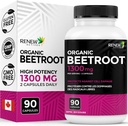 Renew Actives Organic Beetroot Supplement 1300MG per 2 Kapsler - Pure Beetroot Powder for Circulation, Natural Energy, & Antioxidant Fordele - Højpotens Superfood, Lavet i Canada - 90 Kapsler