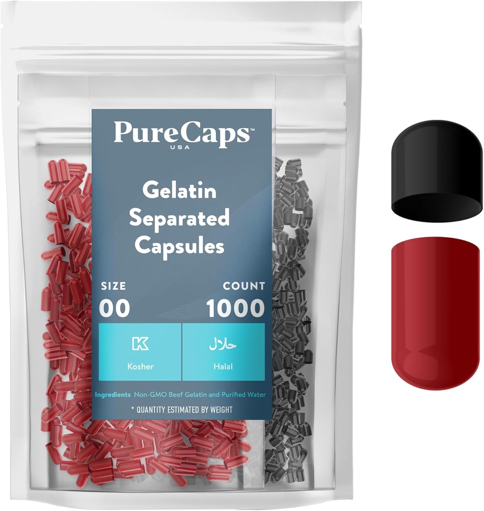 Purecaps USA - Tomme Gelatine Pille Kapsler Størrelse 00 Beeg 124; 1.000 Separated Pills