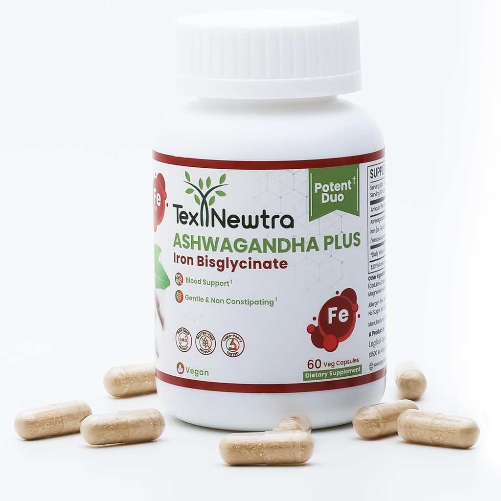 Ashwagandha med Iron Bisglycinate - 300mg & Biotilgængelig Iron 10mg - 60 kapsler
