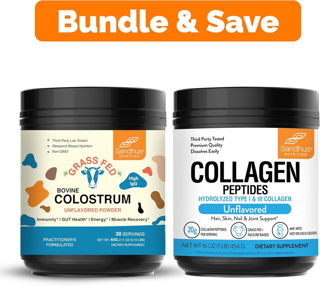 Sandhu 's Pure Bovine Colostrum Powder supplement til mennesker & Collagen Peptider Powder 124; Immun, hår, hud, negl og fælles sundhed Support 124; Non- GMO