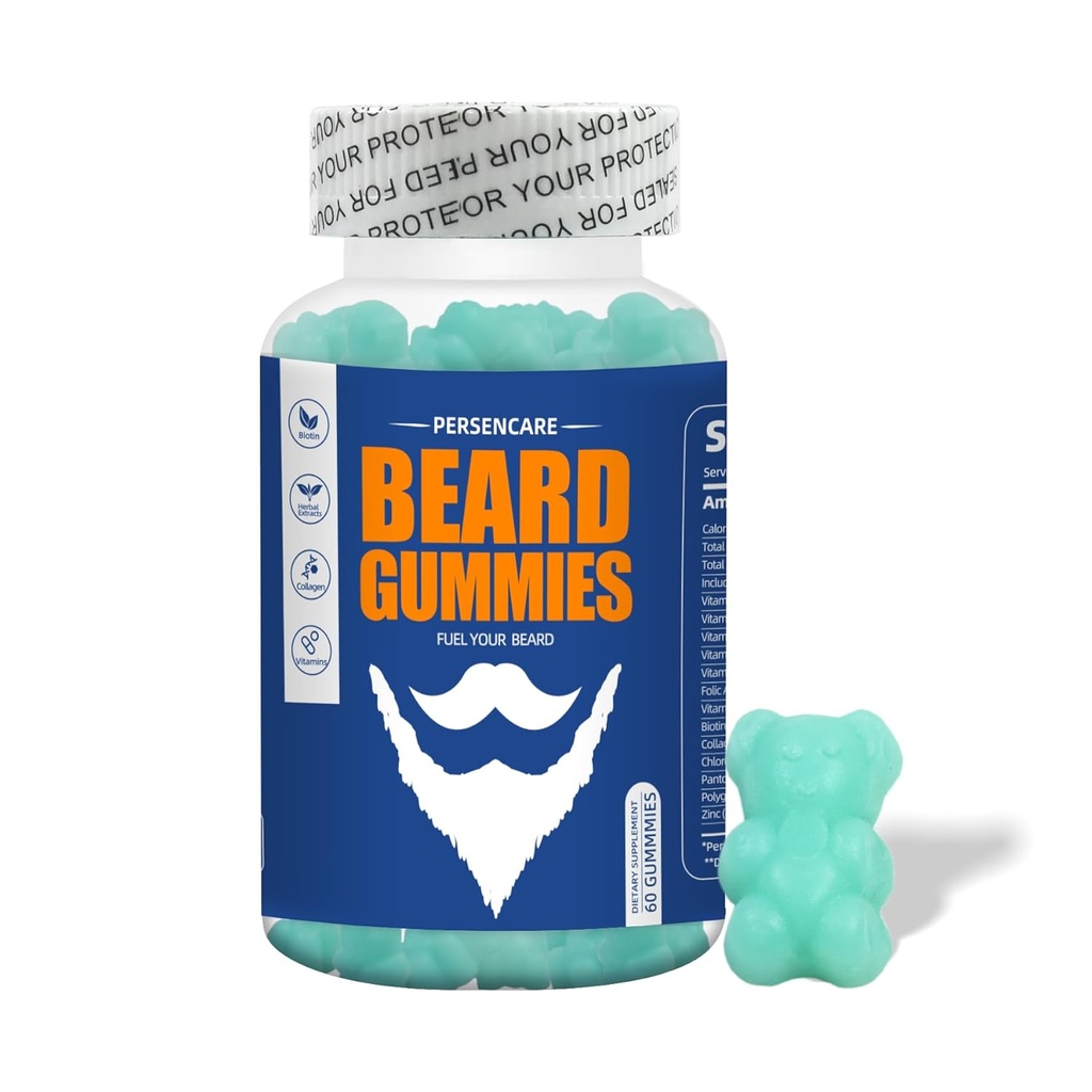 Big Beard Growth Gummy til mænd, 60 Blueberry Flavored Gummies, med 10K MCG Biotin B12 Collagen og Elite Beard Hair Grooming Nutrients & Vitaminer, Grow Stronger, Længere, Thicker & Fuller Beard