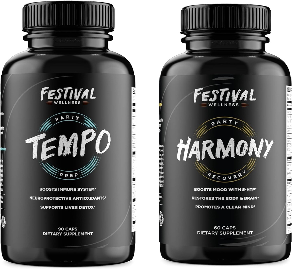 Tempo & Harmony; Festival, Rave & Party Prep + Recovery Wellness Bundle; 124; 5- HTP, Antioxidanter, Rave Vitaminer, Festival tillæg, Rave neksesiteter, Festival Gear, Rave On, Rave Gear, Fest Aid