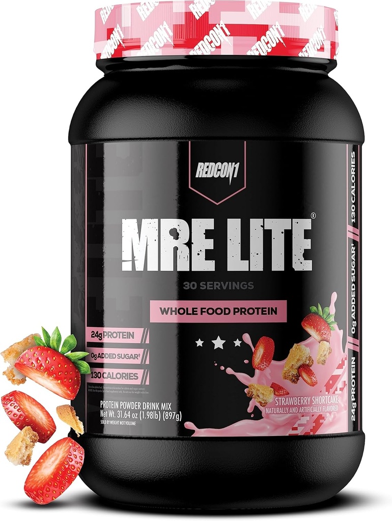 REDCON1 MRE Lite Hel Food Protein Powder, Jordbær Shortcake - Low Carb & Whey Free Meal Erstatning med Animal Protein Blends - Nem til det største tillæg lavet med MCT olier (30 Servere)
