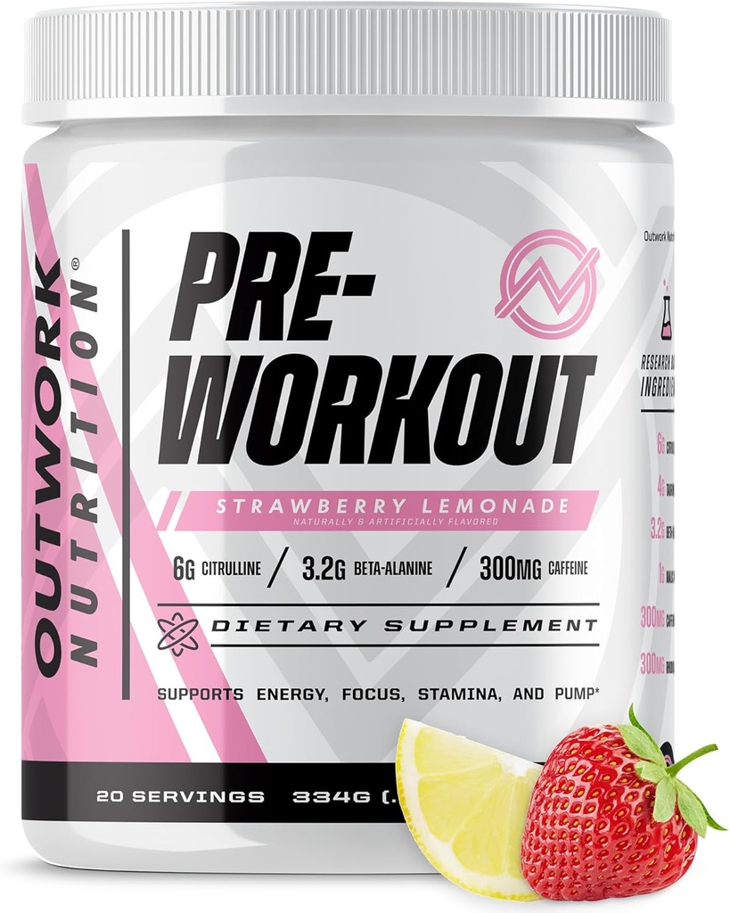Outwork Nutrition Fortræning for mænd og kvinder - Nootrop Pre Workout Uden Creatin, Pre- Workout Pulver med Taurine Rhodiola Citrullin Malat Beta Alanine Koffein (Jordbær Lemonade)
