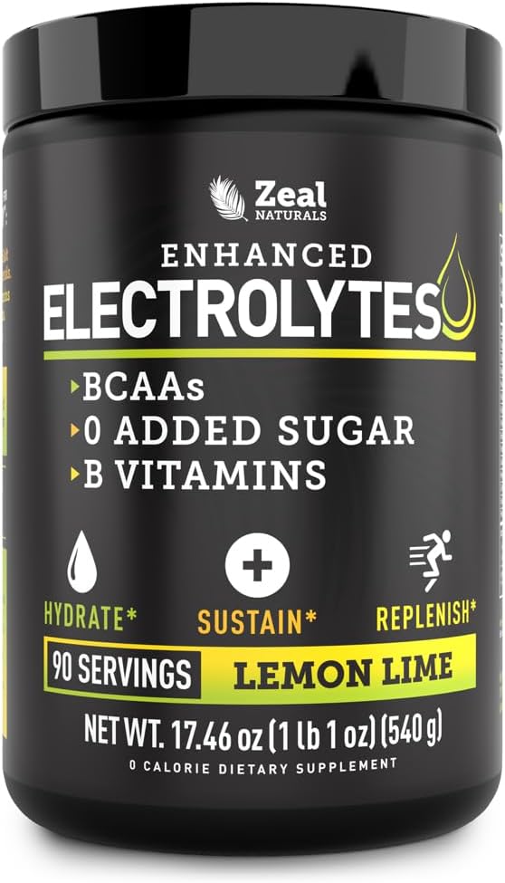 Zeal Naturals Electrolyte Powder Recovery Drink (90 Servings MSD 124; Lemon Lime) w 0 Sukker + BCAAs + B- Vitaminer Electrolyte Supplement w Kalium Zink & Magnesium for Hydration - Keto Electrolytes