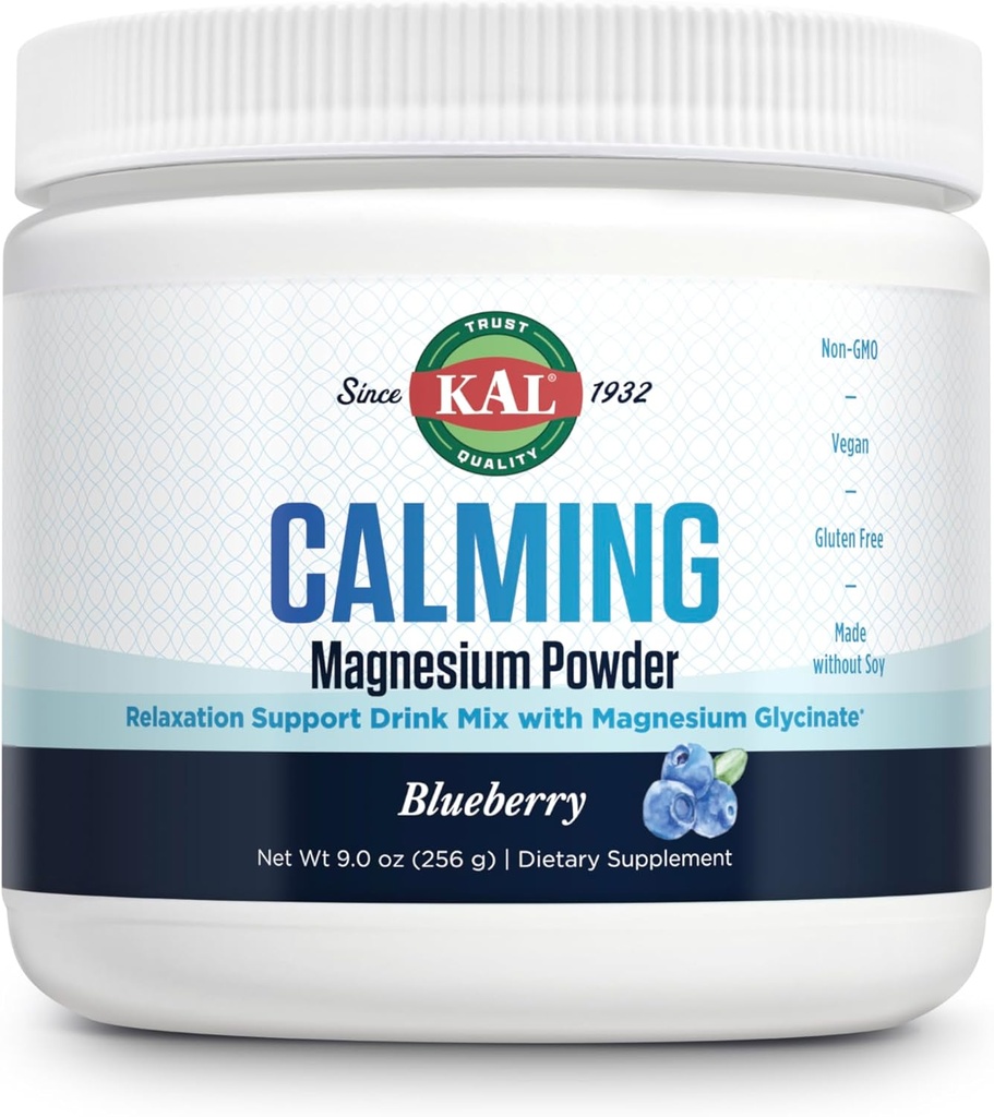 KAL Calming Magnesium Powder - Blåbær Flavor Magnesium Supplement - Høj Absorption, Afslapning Support, Ingen tilsat sukker, Vegan, Gluten Free, Made without Soy - 40 Servere, 9 oz