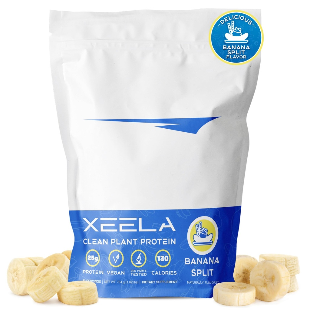 XEELA Plant Based Vegan Protein Powder - Independently Tested - 25g High Protein, Pea Protein for Men & Women - Vitamins & Minerals, Non GMO, Dairy & Gluten Free, LowCarb & LowFat (Banana Split)