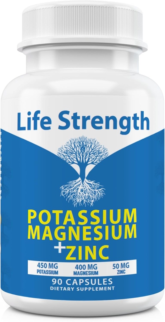 Livskraft Magnesium Kalium Kosttilskud + Zink 90 Kapsler til vaskulær sundhed - Høj Absorption Vegan, Naturlige ingredienser Supplement for ben kramper og søvn