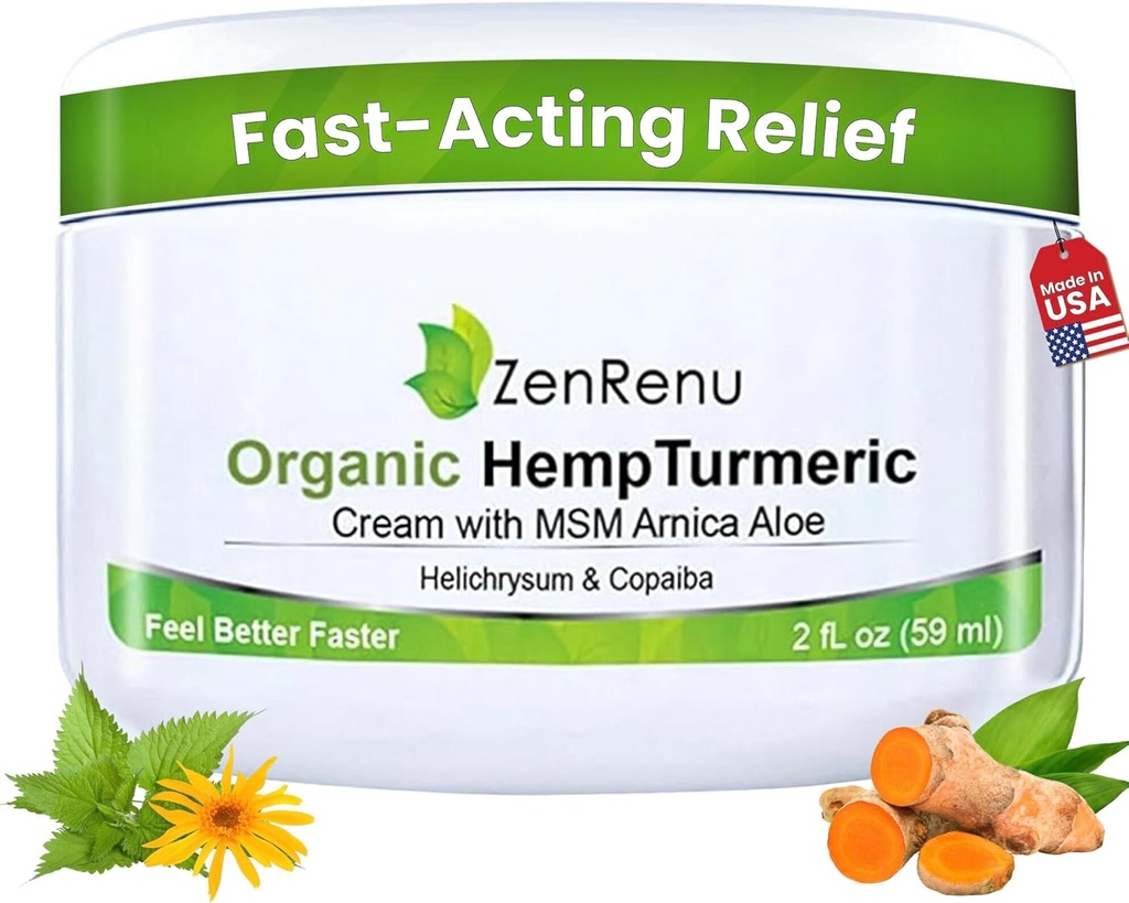 Zenrenu Organic Hamp Gurkemeje Joints & Muscle Cream med Arnica, MSM, Hamp Oil Extract, & 7 Væsentlige olier - Non Greasy & Fast Absorbing for Back, Neck, Elbues, Knees, & Hip 4 oz