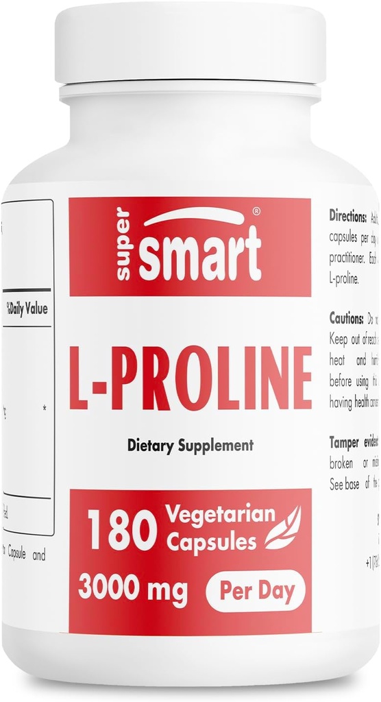 Supersmart - L- Proline 3000mg per dag (høj styrke) - Normal kollagen produktion - Aminosyreprolin Supplement - 124; Non- GMO & Gluten Free - 180 vegetariske kapsler