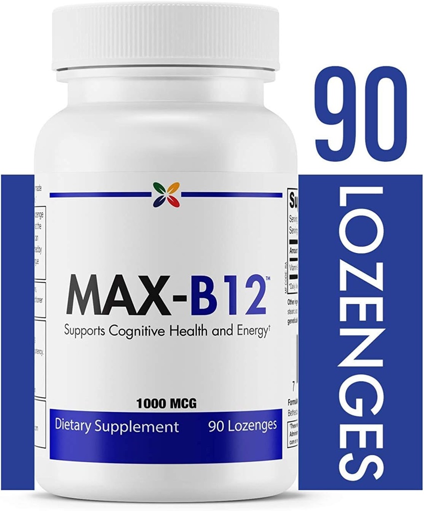 Stop Aging Now - MAX- B12 Lozenges 1000 MCG - Vitamin B12 1000mcg - Immunstøtte, Natural Energy and Brain Support Supplement - Understøtter stress Relief forordning - Natural Sleep Aid - 90 Lozenges