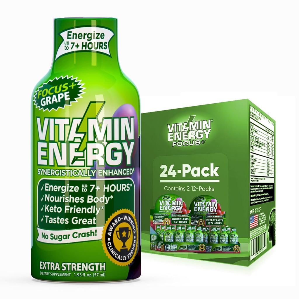 Vitamin Energy Focus + Extra Strength Energy Shot Grape 24 Pack, 260mg Natural Coffein, B- Vitamin, CoQ10, Aminosyrer, Focus, Produktivitet & Klarhed, Zero Sugar, Gluten- Free, 1,93 fl oz