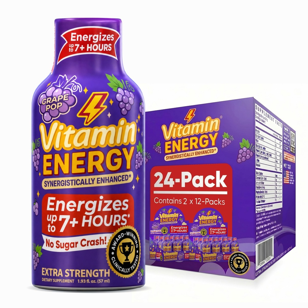 Vitamin Energy Focus + Extra Strength Energy Shot Grape 24 Pack, 260mg Natural Coffein, B- Vitamin, CoQ10, Aminosyrer, Focus, Produktivitet & Klarhed, Zero Sugar, Gluten- Free, 1,93 fl oz
