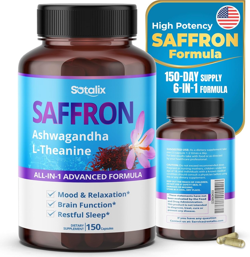 Safran med Ashwagandha, Ginseng, L-Theanine, Afslapning, Gendannelse - USA Made & Testet (150-dages levering (pakke med 1))