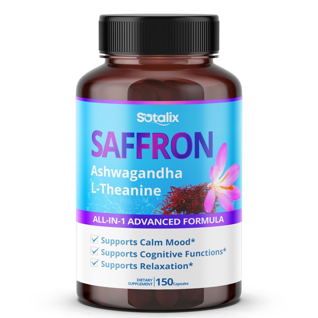 Safran med Ashwagandha, Ginseng, L-Theanine, Afslapning, Gendannelse - USA Made & Testet (150-dages levering (pakke med 1))