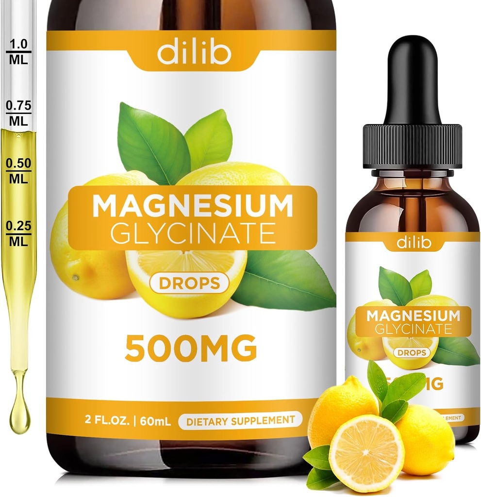 Magnesium Glycinate Supplement, Magnesium Glycinate Liquid Drops 500mg med calcium, zink, vitamin B6, D3, L- Theanin, Omega 3 til søvn, Mood, Stress Relief, Ben, Muskel, Lemon Flavor