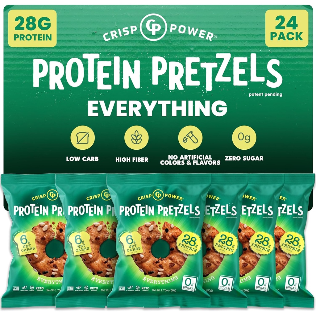 Crisp Power Protein Pretzels, Alt, High Protein Vegan Keto Snack, 28 G Plant Based Protein, Low Carb Crunchy Pretzel Snacks, Sugar Free, No Seed Oliils, 1,75 oz poser, 24 Pack