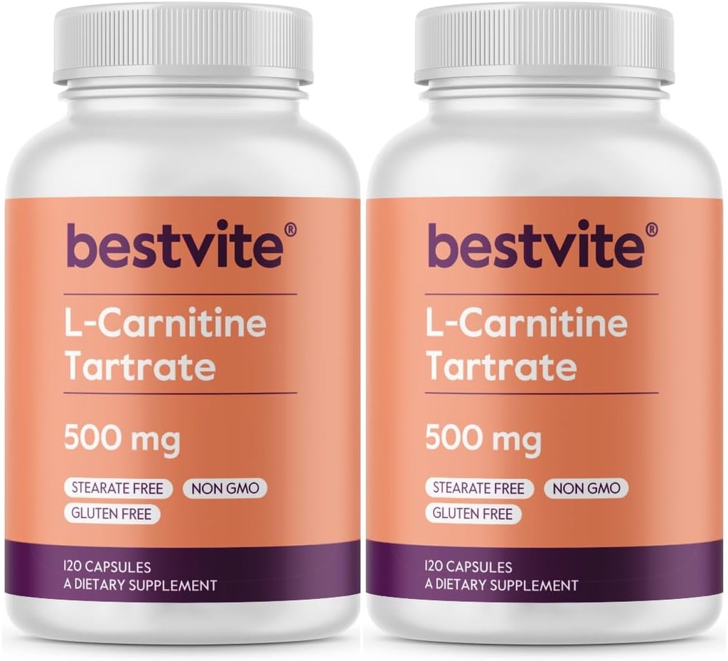 BESTVITE L- Carnitin Tartrate 500mg per kapsel (240 kapsler) (120x2) - Ingen stearater - ikke GMO - Gluten Free