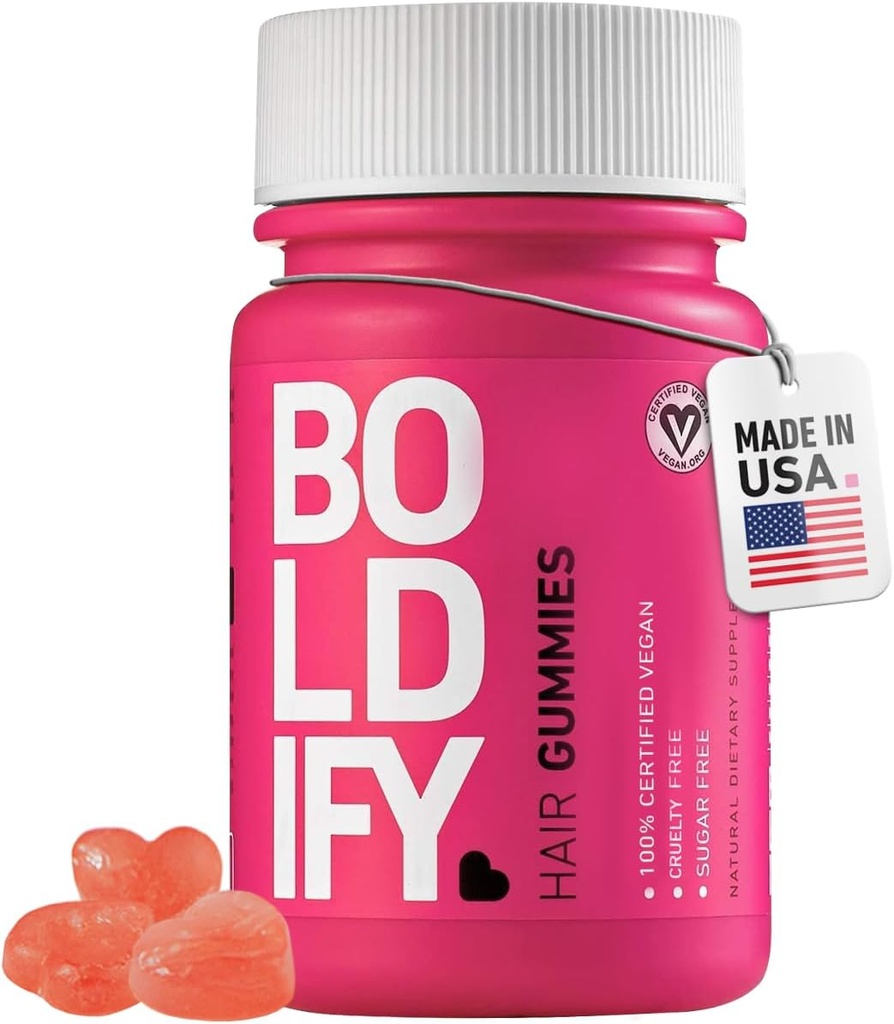 Boldify hårvækst gummier - sukkerfri biotin gummier - fast- fungerende Vegansk vitaminer til hud, negle og hår - 5000mcg biotin / servering, 30-dages forsyning - naturlige jordbær flavor