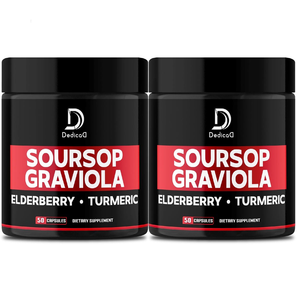 Graviola Soursop Blade Kapsler - 2 pakker 50 Kapsler til 100- Day Supply - 11in1 Uddrag med Elderberry, Gurkemeje, Ingefær, Milk Thistle, Tranebær & mere - Support Mood, Immun & Body Health