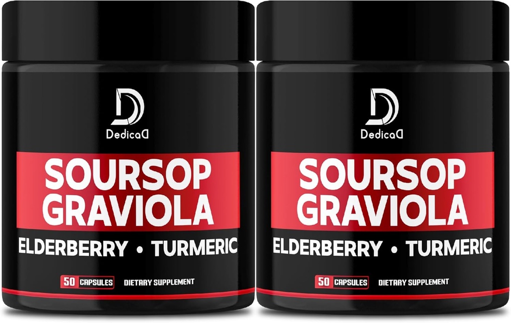 Graviola Soursop Blade Kapsler - 2 pakker 50 Kapsler til 100- Day Supply - 11in1 Uddrag med Elderberry, Gurkemeje, Ingefær, Milk Thistle, Tranebær & mere - Support Mood, Immun & Body Health