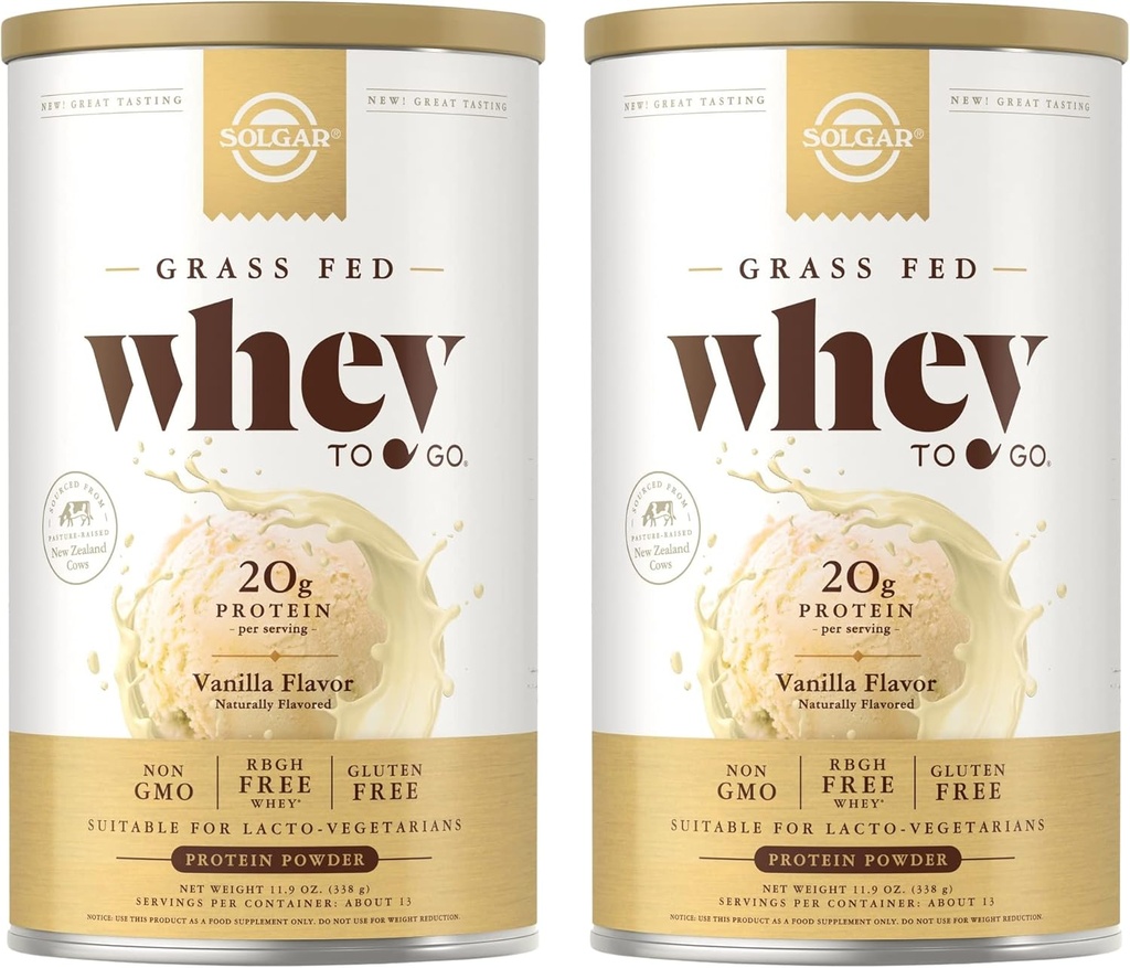 SOLGAR Grass Fed Whey to Go, Vanilla - 11,9 oz, Pack of 2 - Grass- Fed Whey Protein Powder - rBGH Free, Non- GMO, Gluten Free - 26 Total Serveringer