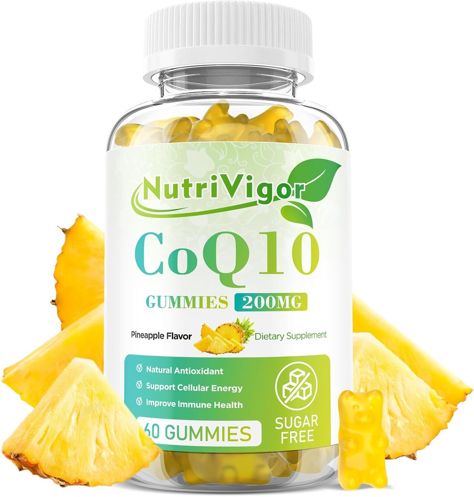 CoQ10 Gummies, Coenzym Q10 Supplement 200 mg, High Absorption CoQ10 Supplement for cellulær energi og immunforsvar, Vegan, Gluten Free, Pineapple Navor, 60 Greve