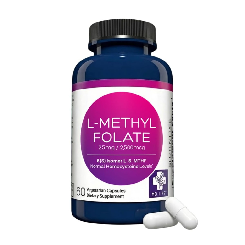 MD Life L- Methylfolat 2, 5 mg Supplement - Professionel - Grade Aktiv L Methylfolat Supplement - 60 kapsler - L- Methylfolat 2, 5 mg - Maksimal potens MTHFR W / essentielle aminosyrer