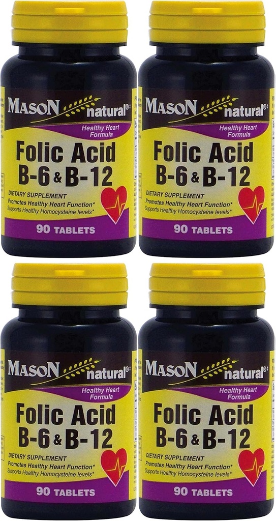 Mason Vitaminer Folinsyre B- 6 & B12 Heart Health Formel 90 tabletter pr. flaske Pakning med 4 i alt 360 tabletter