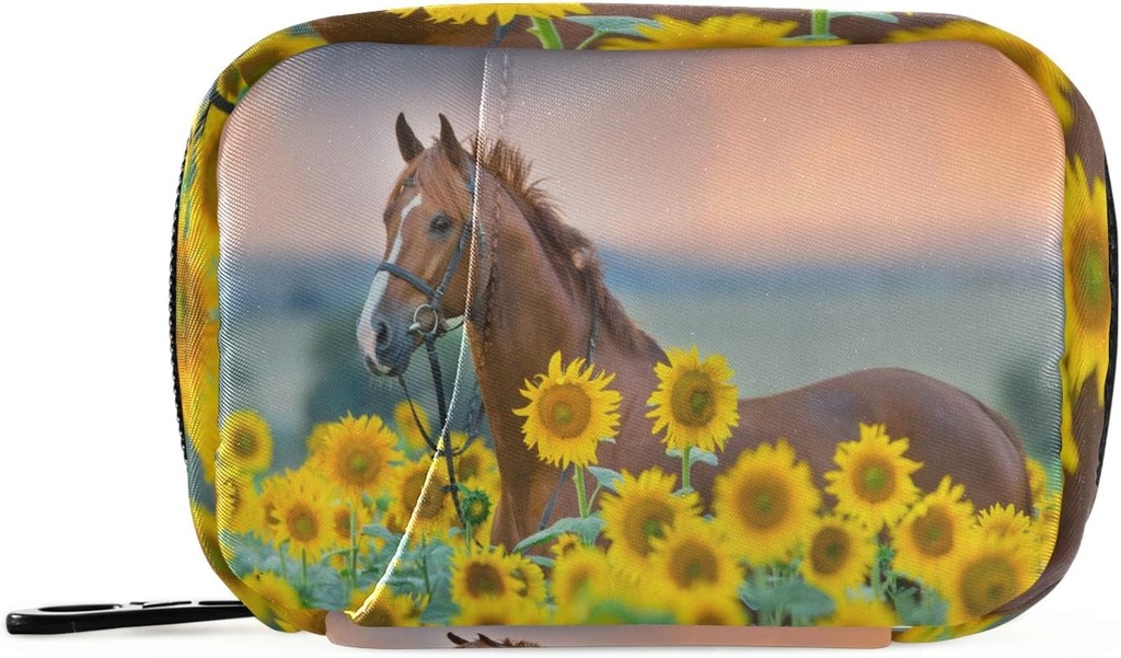 Solsikker Field Horse Pill Organizer sag Floral Dyr 7 dages rejse Pill Box med lynlås Portable ugentlige Vitamin Medicin Supplement Holder Pouch Bag