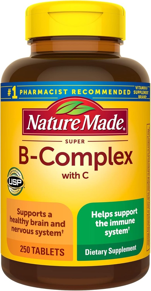 Nature Made Super B Complex med C-vitamin og folinsyre, Kosttilskud til immunforsvar, 250 tabletter, 250 dages forsyning