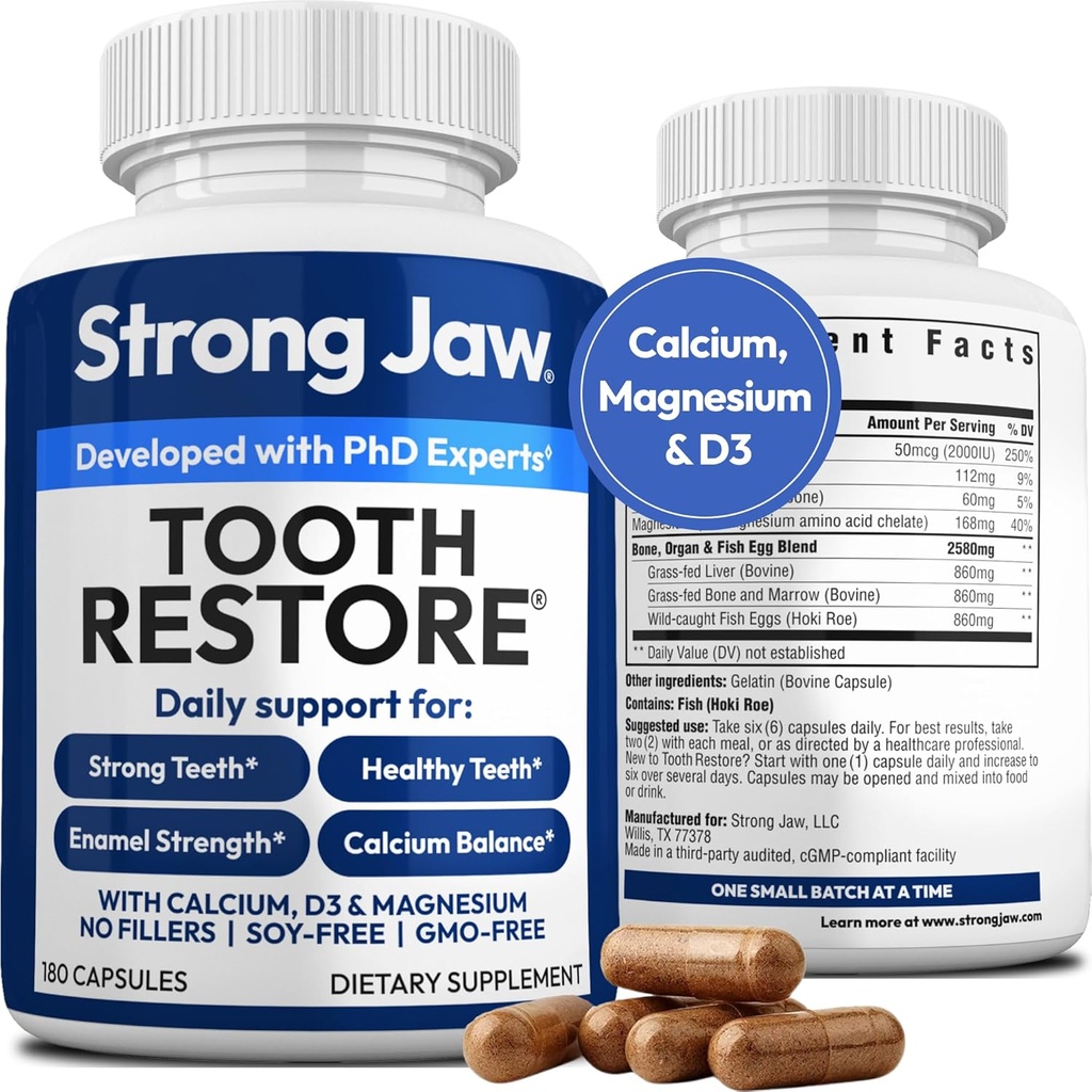 Tandrestore for voksne med Remineralizing Gum Support 180 Kapsler Lavet i USA - Tænder Vitaminer for stærke tænder Knoglesundhed Supplement Calcium Vitamin D3 Hydroxyapatite Elamel Reparation